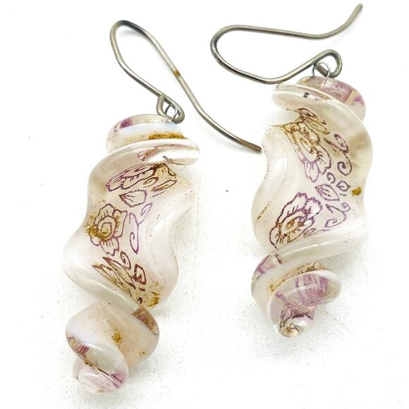 Glass Swirl Dangle Earrings Pink Rose Motif Pierced Retro Boho Romantic - Picture 2 of 8